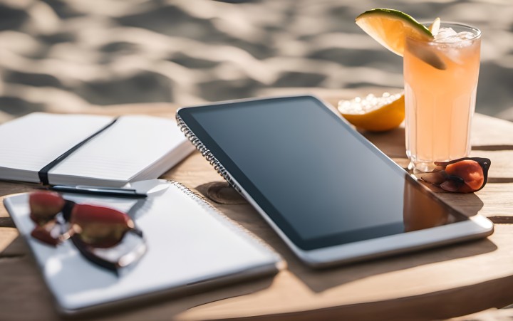 Ipad on a table with a cocktail and a sunglas